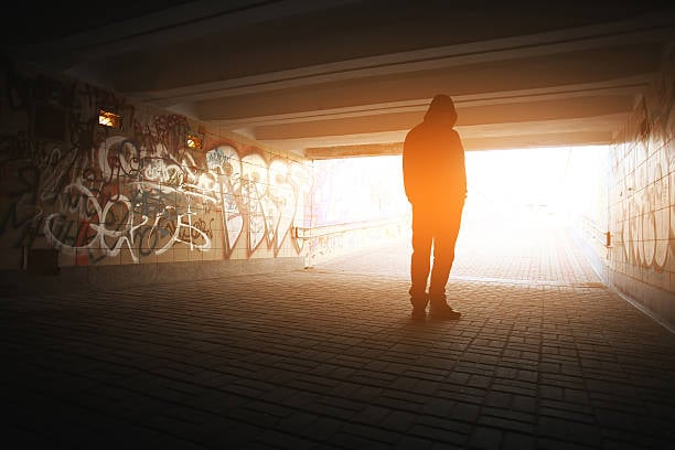 Depression men in the tunnel urban